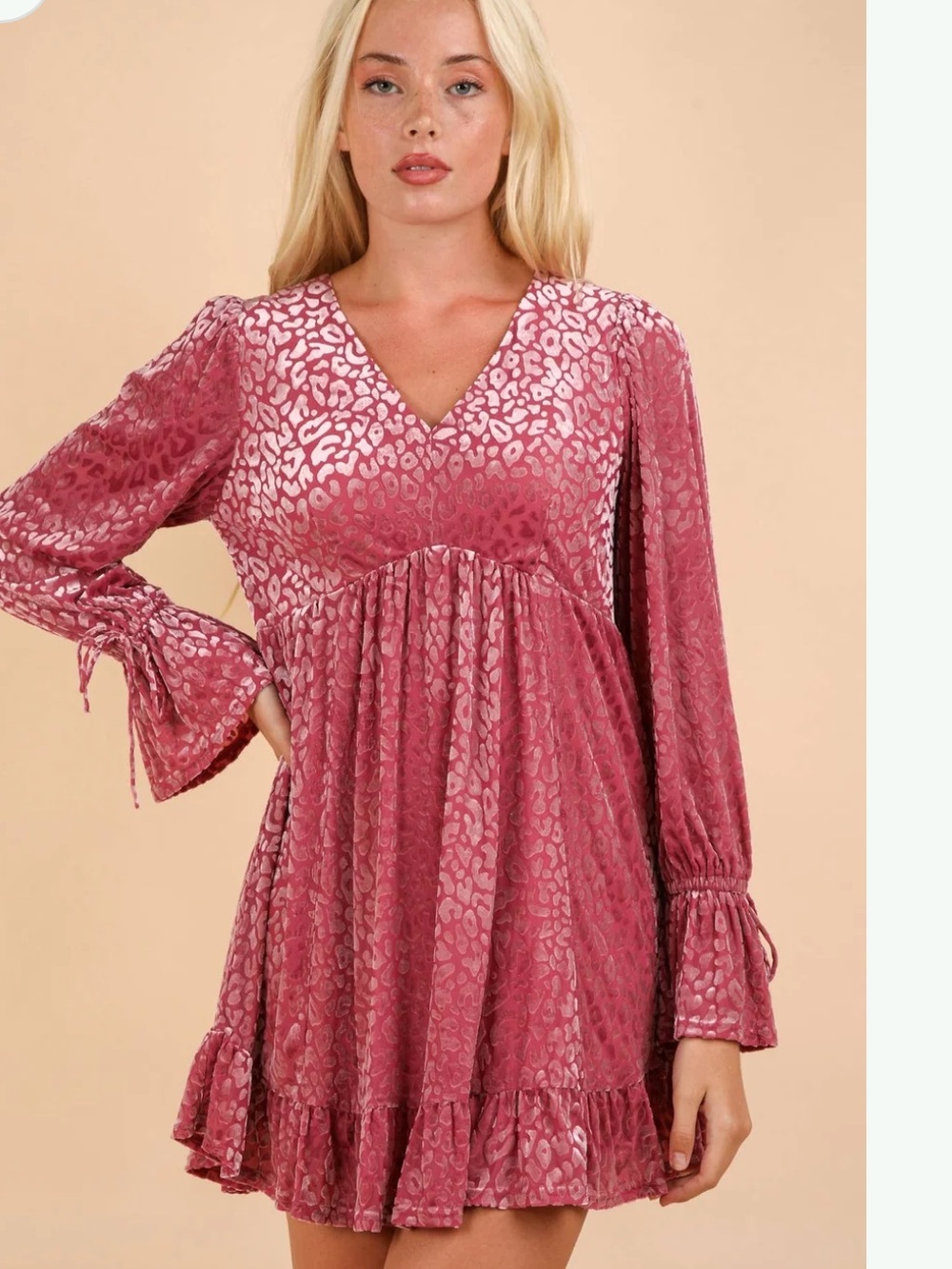 New In Leopard Velvet Ruffled Holiday Mini Dress - Picture 2 of 11